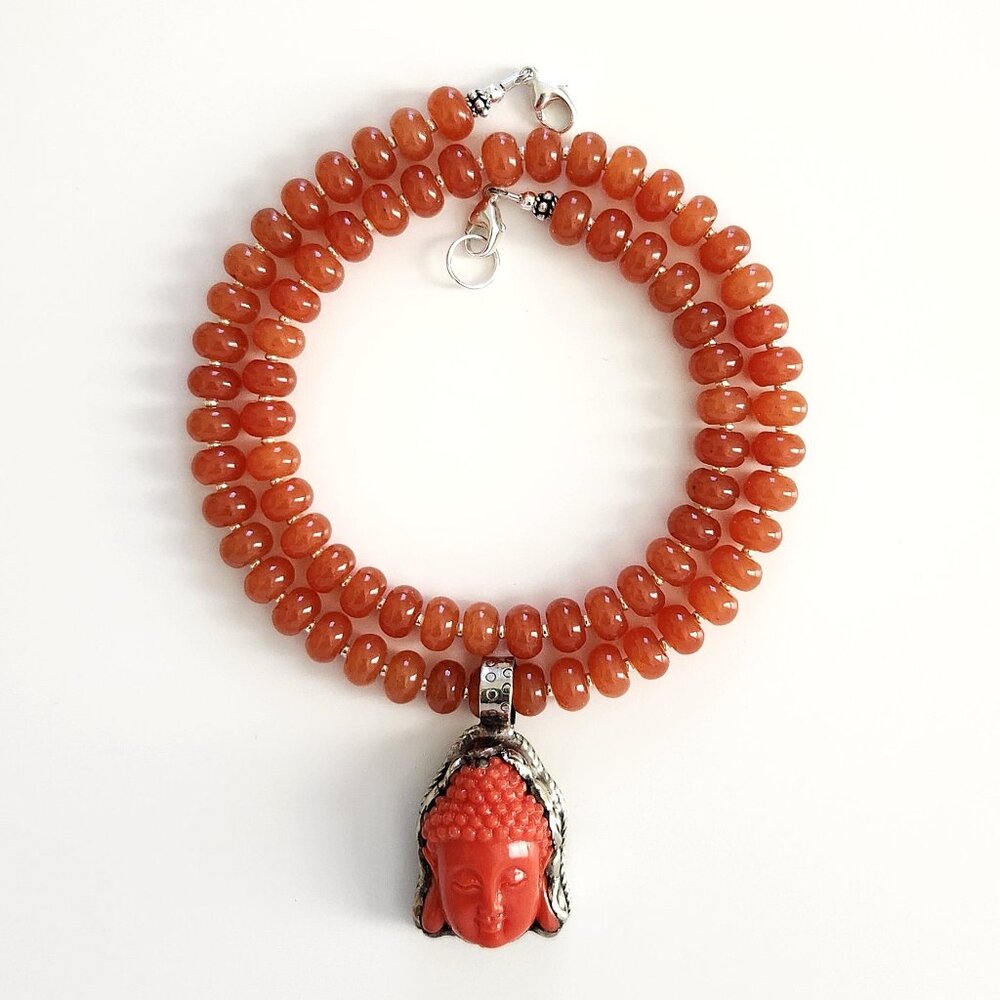ORANGE COLORED JADE NECKLACE W/ ORANGE BUDDHA PENDANT--20"